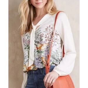Meadow Rue Anthropologie‎ Sz S Montmagny Tie-Neck Blouse Floral Garden Cottage